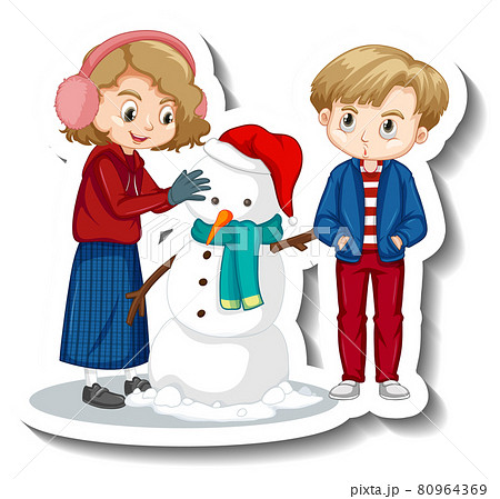 Couple children building snowman cartoon character sticker Couple children building snowman cartoon character sticker 80964369