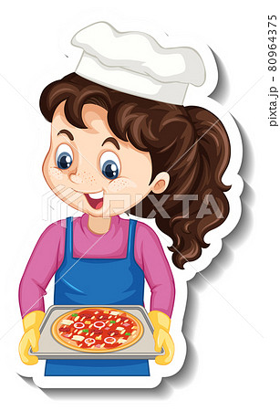 Cartoon character sticker with chef girl holding pizza tray Cartoon character sticker with chef girl holding pizza tray 80964375