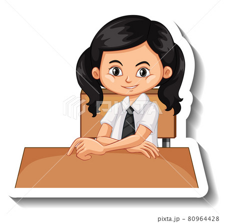Student girl sit at desk cartoon sticker 80964428