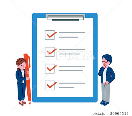 バインダーに書かれているチェックリストとビジネスパーソンのイラスト バインダーに書かれているチェックリストとビジネスパーソンのイラスト 80964515