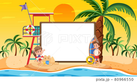 Empty banner template with kids on vacation at the beach sunset scene Empty banner template with kids on vacation at the beach sunset scene 80966550