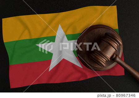 Judges hammer and the flag of Myanmar. Law and Justice. Constitutional law 80967346