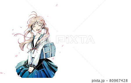桜と女学生のモノクロイラスト カラー版　背景なし　右スペース有り 80967428