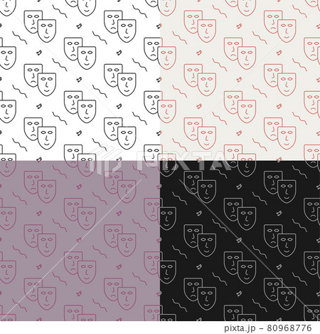 set of seamless patterns with comedy and tragic theatrical masks together. Theatrical premieres, circus poster. Ornament for decoration and printing on fabric. Design element. Vector 80968776