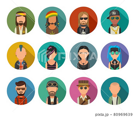 Set icon different subcultures people. Hipster, raper, emo, rastafarian, punk, biker, goth, hippy, metalhead, steampunk, skinhead, cybergoth. 80969639