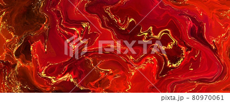 鮮やかな赤色と金色のマーブル模様の背景素材 80970061