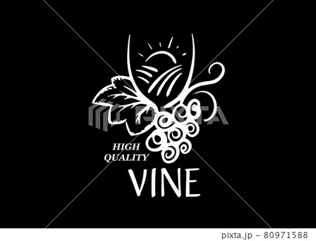 Vector logo drawn by hand. Landscape of vineyards through a glass of wine Vector logo drawn by hand. Landscape of vineyards through a glass of wine 80971588