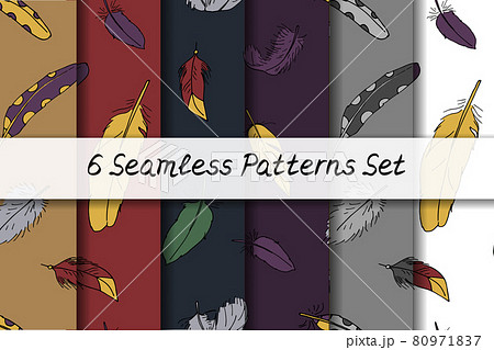 Seamless patterns set with hand drawn doodle boho feathers. Bohemian textures collection. Seamless patterns set with hand drawn doodle boho feathers. Bohemian textures collection. 80971837