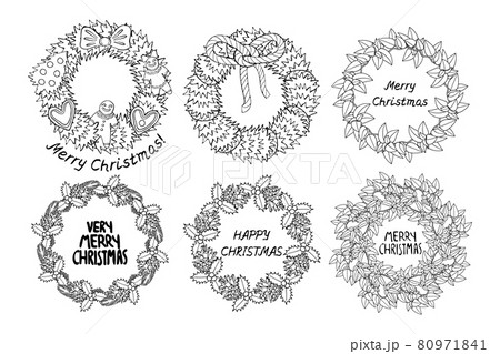Monochrome Line Art Christmas Wreaths clipart set, decorated spruce branches. 80971841