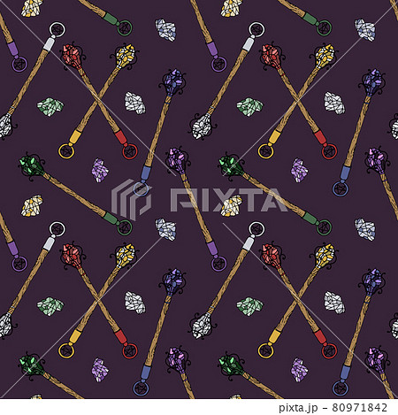 Seamless pattern with hand drawn colorful crystals and magic wands on purple background Seamless pattern with hand drawn colorful crystals and magic wands on purple background 80971842