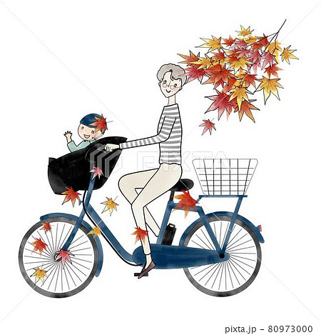 電動アシスト自転車 二人乗り シニア女性と孫のイラスト素材