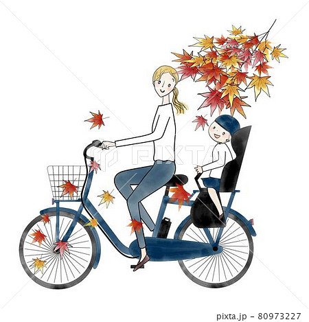 電動アシスト自転車 二人乗り お母さんと子供のイラスト素材