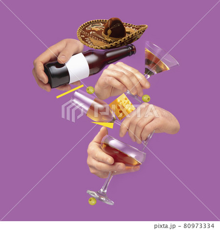 Modern composition in magazine style with human hands holding glasses for alcohol drinks over lilac background. Modern composition in magazine style with human hands holding glasses for alcohol drinks over lilac background. 80973334