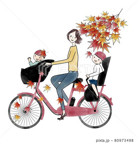 電動アシスト自転車 三人乗り お母さんと子供二人のイラスト素材