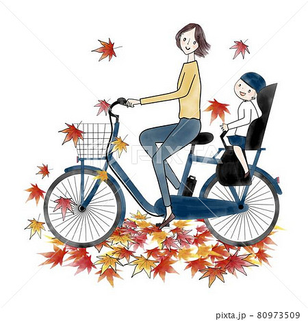 電動アシスト自転車 二人乗り お母さんと子供のイラスト素材