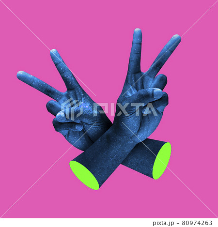 Contemporary minimalistic artwork in neon bold colors with hands showing victory sign. Surrealism creative wallpaper. Psychedelic design pattern. Contemporary minimalistic artwork in neon bold colors with hands showing victory sign. Surrealism creative wallpaper. Psychedelic design pattern. 80974263