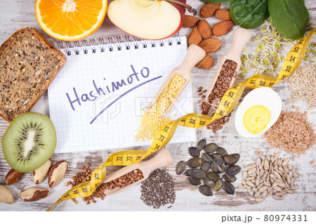 Notepad with inscription hashimoto and best ingredients or products for healthy thyroid 80974331