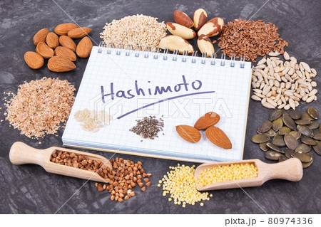 Nutritious ingredients and inscription hashimoto. Healthy food containing vitamins Nutritious ingredients and inscription hashimoto. Healthy food containing vitamins 80974336