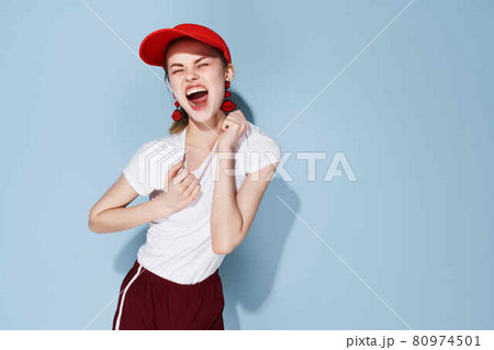 cute girl in red cap decoration summer posing cute girl in red cap decoration summer posing 80974501