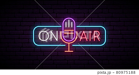 On air neon sign. Retro microphone in frame with inscription On Air.  80975188