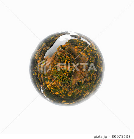 Aerial panoramic view in form of small planet of lake and colorful forests on a autumn day in Finland. Drone photography 80975533