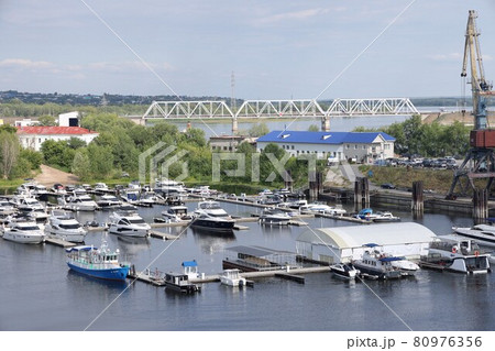 Bridge over the Samarka River and anchorage of boats and yachts, Samara, July 2021 80976356