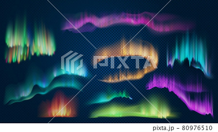 Realistic lights of arctic aurora borealis, northern natural phenomenon. Abstract glowing wavy effect. Polar night sky landscape 80976510