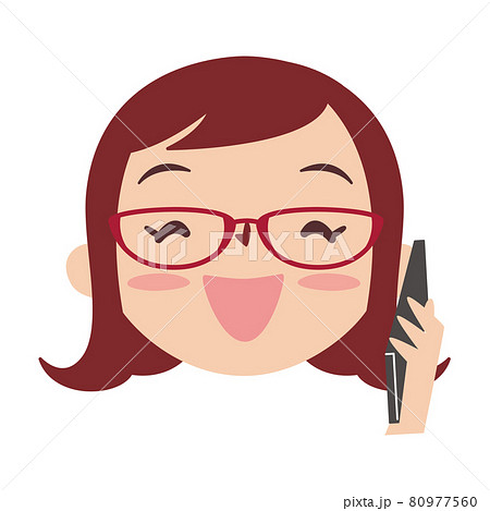 顔アイコンシリーズ 代メガネの女性 スマホ通話 笑い顔のイラスト素材 顔アイコンシリーズ 代メガネの女性 スマホ通話 笑い顔のイラスト素材
