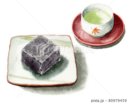 アナログ水彩きんつばと日本茶 80979459