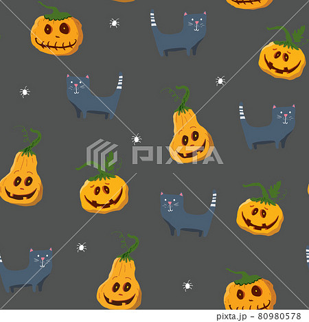 Halloween seamless pattern design. Cute cartoon elements, holiday background, vector illustration 80980578