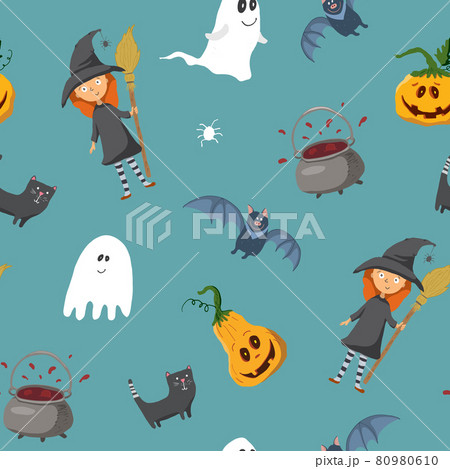 Halloween seamless pattern design. Cute cartoon elements, holiday background, vector illustration Halloween seamless pattern design. Cute cartoon elements, holiday background, vector illustration 80980610
