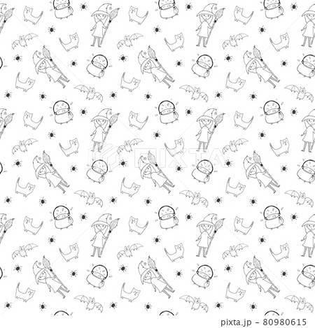 Halloween seamless pattern design. Cute cartoon elements, holiday background, vector illustration 80980615