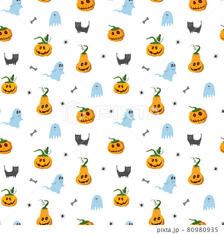 Halloween seamless pattern design. Cute cartoon elements, holiday background, vector illustration 80980935