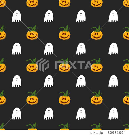 Halloween seamless pattern design. Cute cartoon pumpkin and ghost, holiday background, vector illustration 80981094