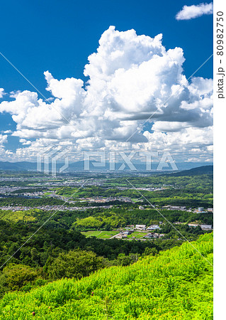 《奈良県》若草山の眺望・夏空の奈良市の街並み 《奈良県》若草山の眺望・夏空の奈良市の街並み 80982750