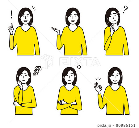 女性のいろいろな表情の上半身イラストセット 80986151