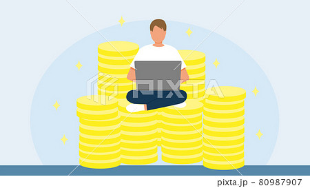 ノートパソコン1台でお金を稼ぐ男性のイラスト素材
