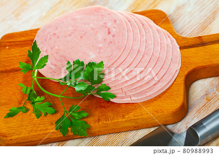 Slices of chopped pork ham sausage Slices of chopped pork ham sausage 80988993