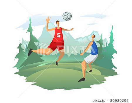 Men playing volleyball on the background of a mountain landscape. Volleyball players hit the ball. Outdoor activities, vector illustration. 80989295