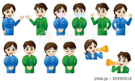 つなぎを着ている男性と女性の告知セット つなぎを着ている男性と女性の告知セット 80990018