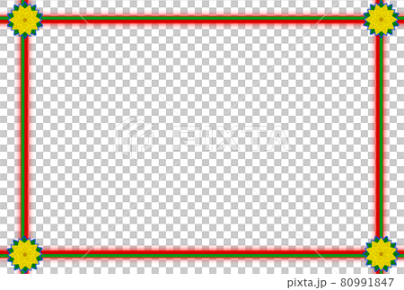 クリスマスフレーム枠-リボン赤ふちぼかし-5枚葉黄花-青ふち(ポストカード比率)グリーティング 80991847