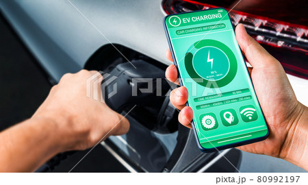 EV charging station for electric car with mobile app display charger status 80992197