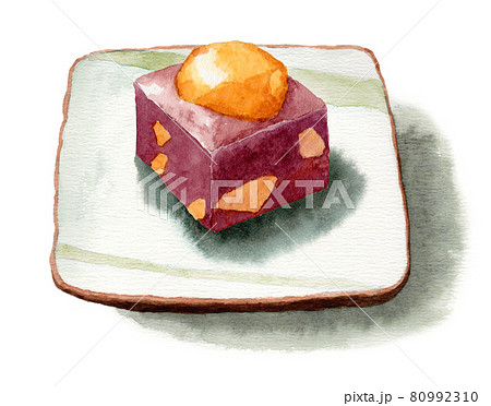 アナログ水彩角皿に乗った栗ようかん 80992310