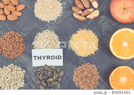Different products and ingredients as source vitamins for healthy thyroid 80995402