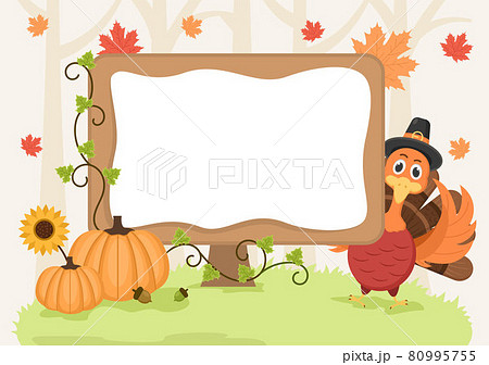 Happy Thanksgiving Celebration with Cartoon Turkey, Leaves, Chicken, Pumpkin and Other For Decoration or Background Vector Illustration 80995755