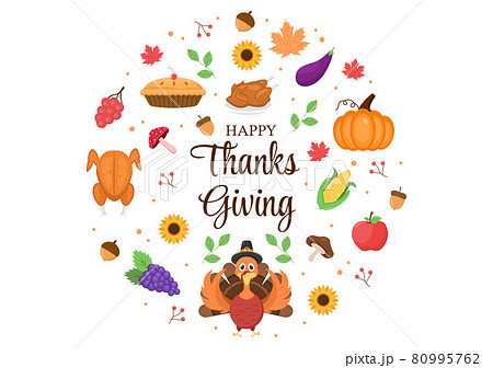 Happy Thanksgiving Celebration with Cartoon Turkey, Leaves, Chicken, Pumpkin and Other For Decoration or Background Vector Illustration 80995762