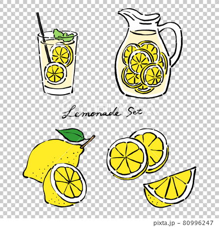 墨絵風のレモンとレモネードのベクターイラストのセットのイラスト素材