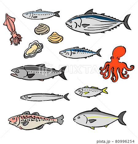 墨絵風の旬の魚のベクターイラストセット 80996254