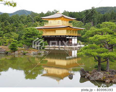 夏の金閣寺 こけらぶき屋根のふき替え後の写真素材