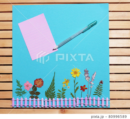 Dried Flowers On Blue Paper With pen and room for text Dried Flowers On Blue Paper With pen and room for text 80996589